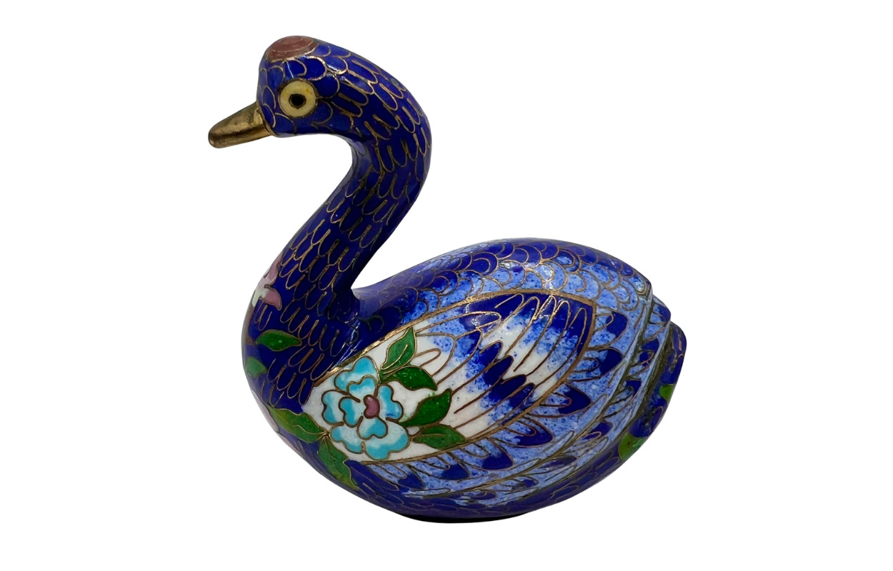 Vintage Small Blue Swan Figurine Brass Handmade Decor Cloisonne 1970s China Art