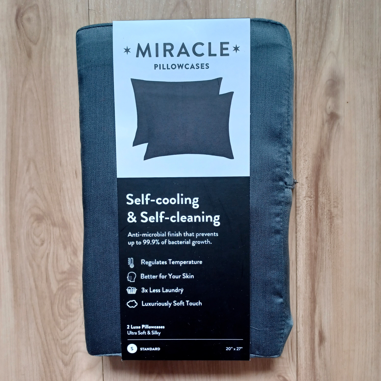 MIRACLE LUXE PILLOWCASES SET (2) STANDARD CHARCOAL SELF-COOLING ANTI-MICROBIAL