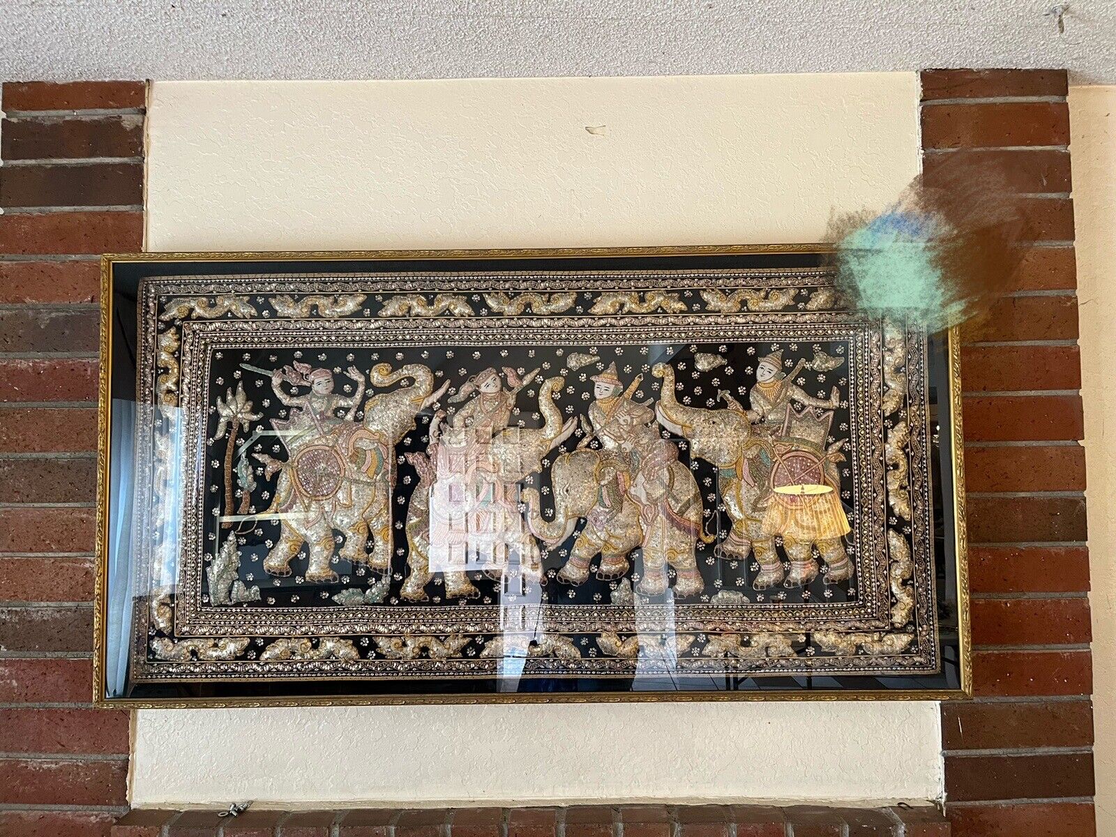Antique? Huge Burmese Thai Kalaga Tapestry Elephant Embroidered Framed Wall Art