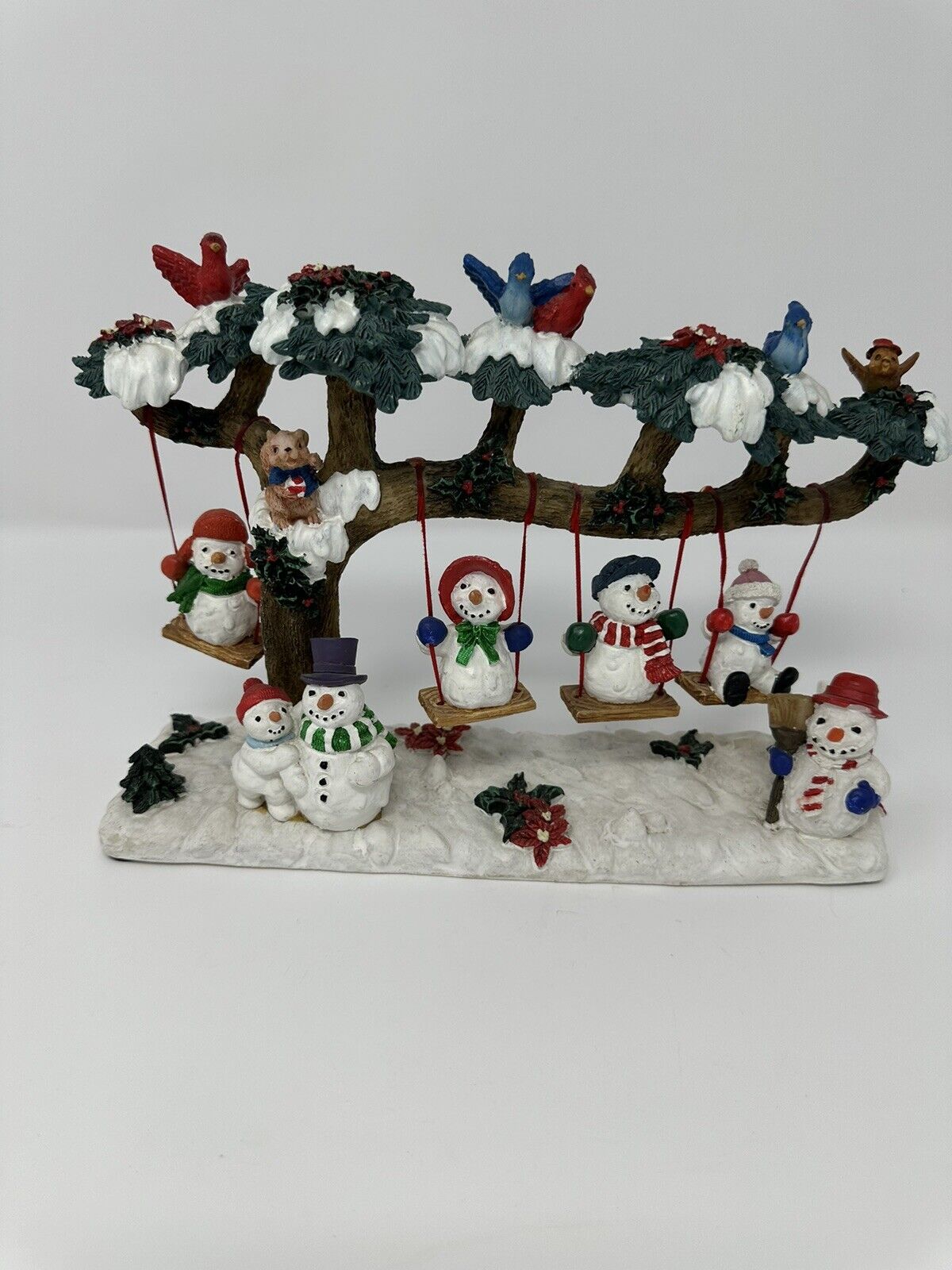 Vintage Jaimy Holiday Christmas Snowman Family On Swings  With Birds See Details