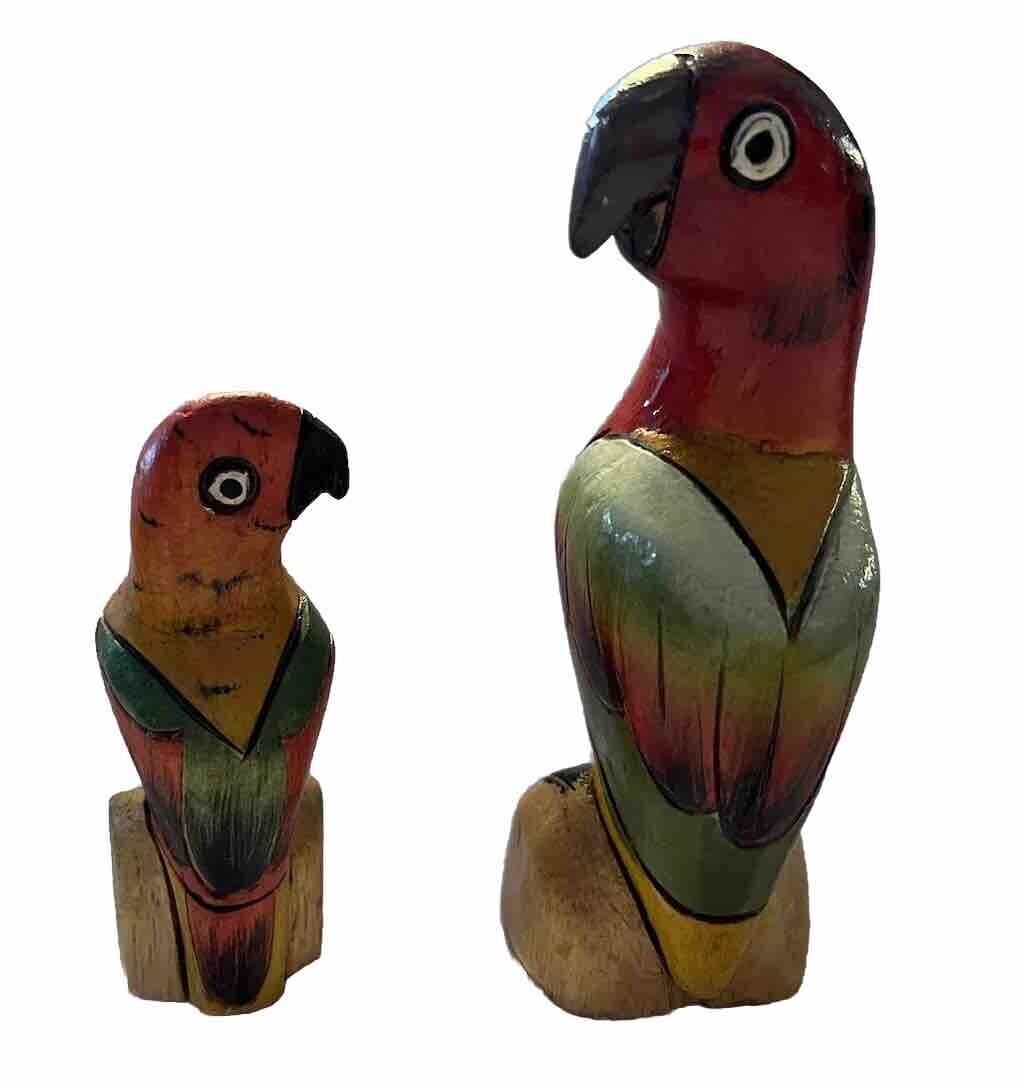 Set Of 2 Wooden Parrots Colorful , Carved And Painted- Light Weight Balsa Wood