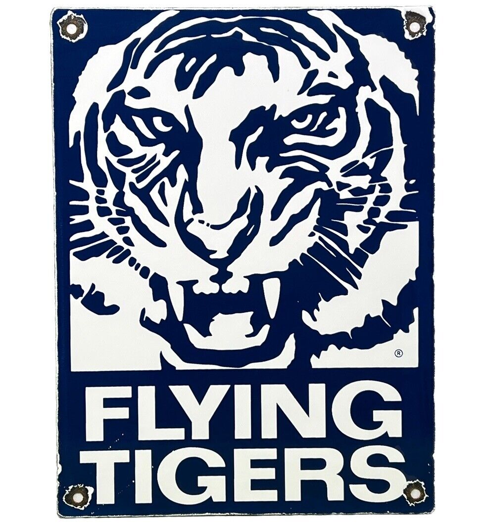 VINTAGE FLYING TIGERS AIRLINES PORCELAIN SIGN AIRPORT GAS STATION PUMP PLATE OIL