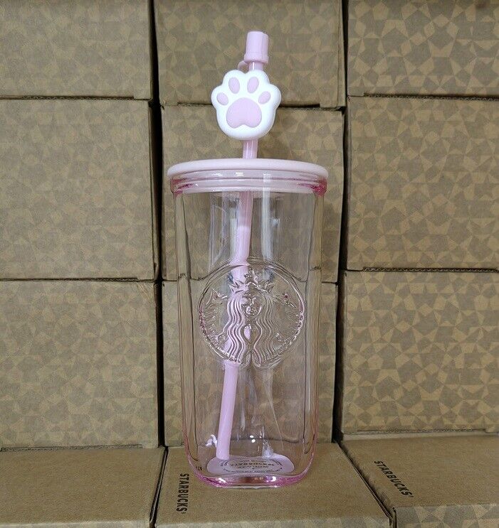 New Starbucks 16oz Pink Triangle Glass Straw Cup W/ Cat Paw Topper Tumbler Gifts