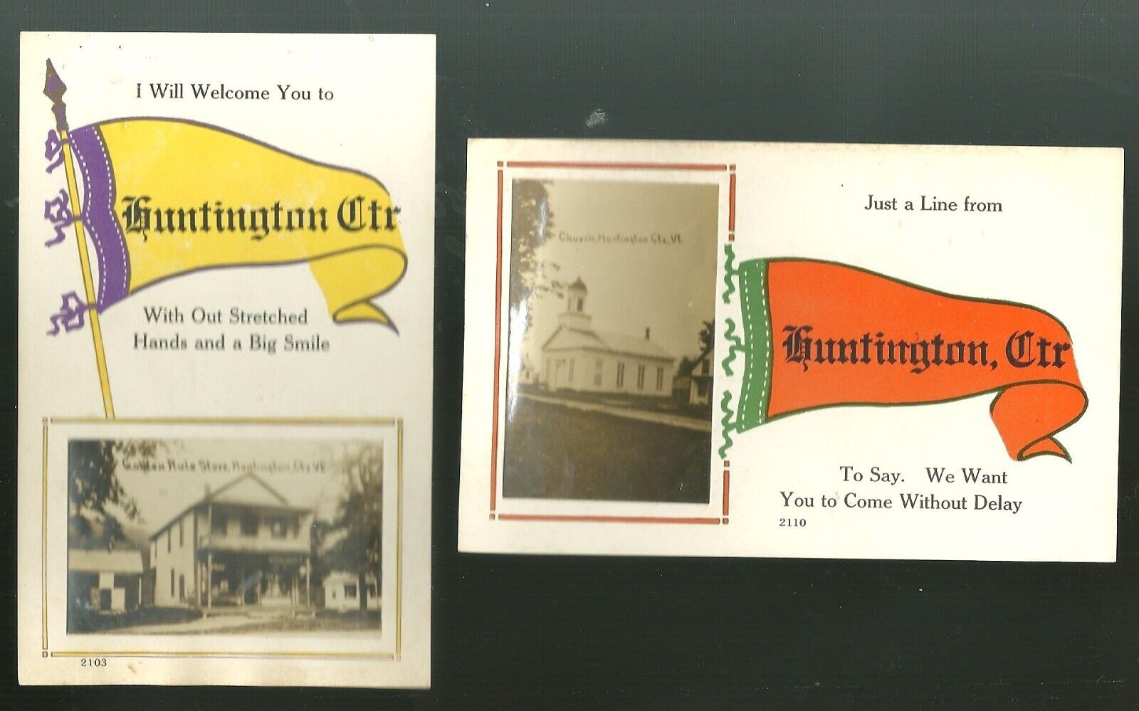 Huntington Vermont Pennant Photo 2 Postcards Golden Rule Store & Church