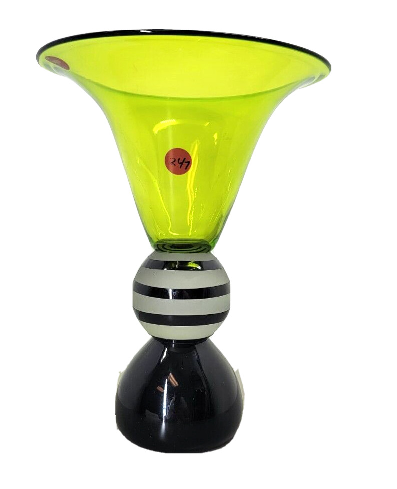Correia Glass Collection Chartreuse and Black Footed Vase 11.5H8.5 #44/500 1999