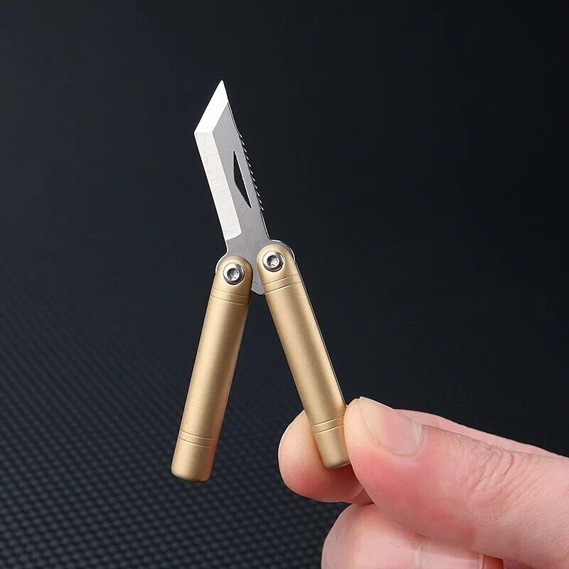 Brass Mini Folding Knife Keychain Pendant EDC Knife with Leather case