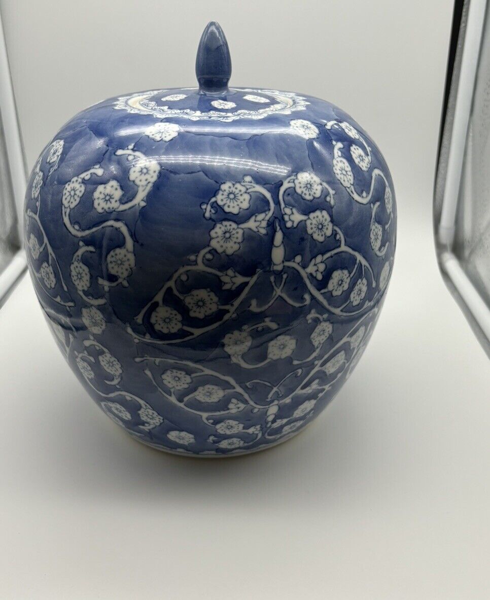 Blue & White Cherry Blossom Butterfly Chinoiserie Porcelain Melon Ginger Jar
