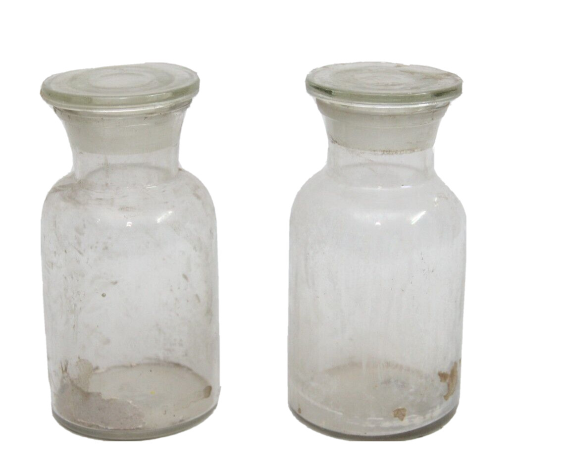 2 Pcs Vintage Wide Mouth Clear Glass lidded glass Reagent/medicine bottle / Vase