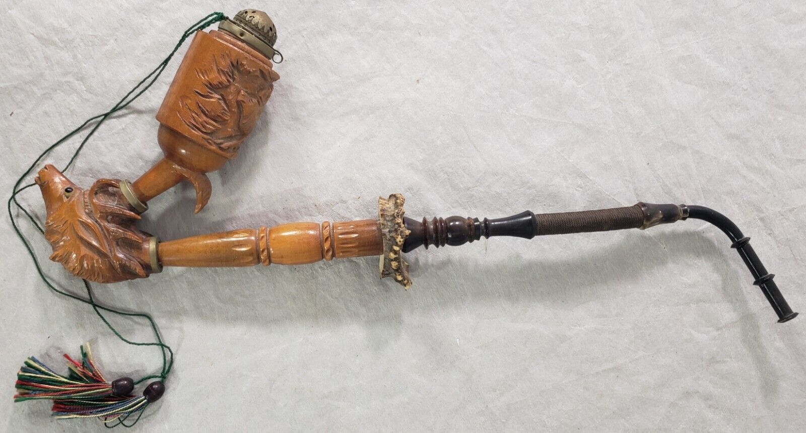 Vintage German Austrian Long Hand Carved Wood Tobacco Pipe Stag Deer