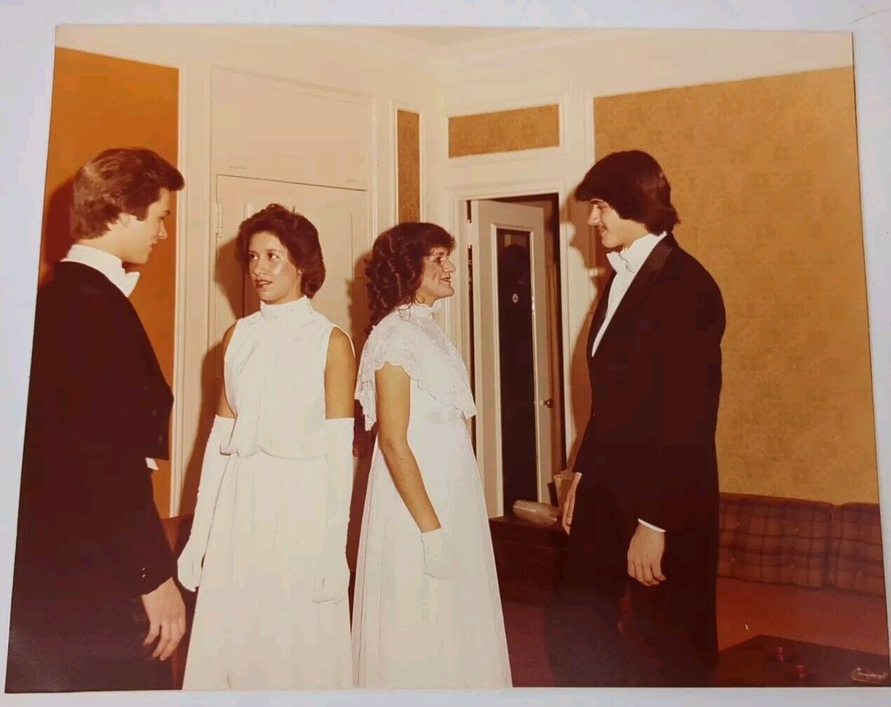 Vintage 1970s Found Photograph Original Photo Wedding Feathered Hair Bride Groom