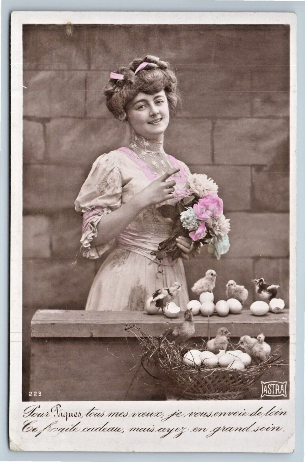 Postcard RPPC Hand Tinted French Pretty Woman Live Chicks Studio Easter Greeting