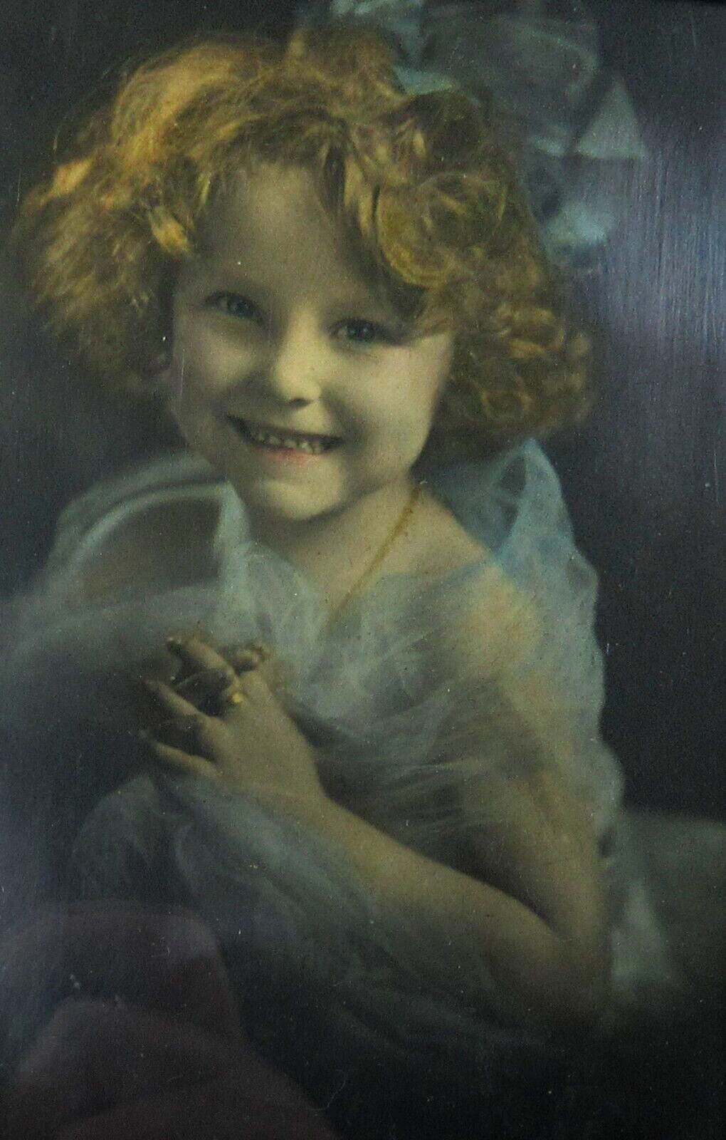 Vintage Cute Smiling Blonde Girl Photo Curly Hair Hand Colored Wood Frame 1930s
