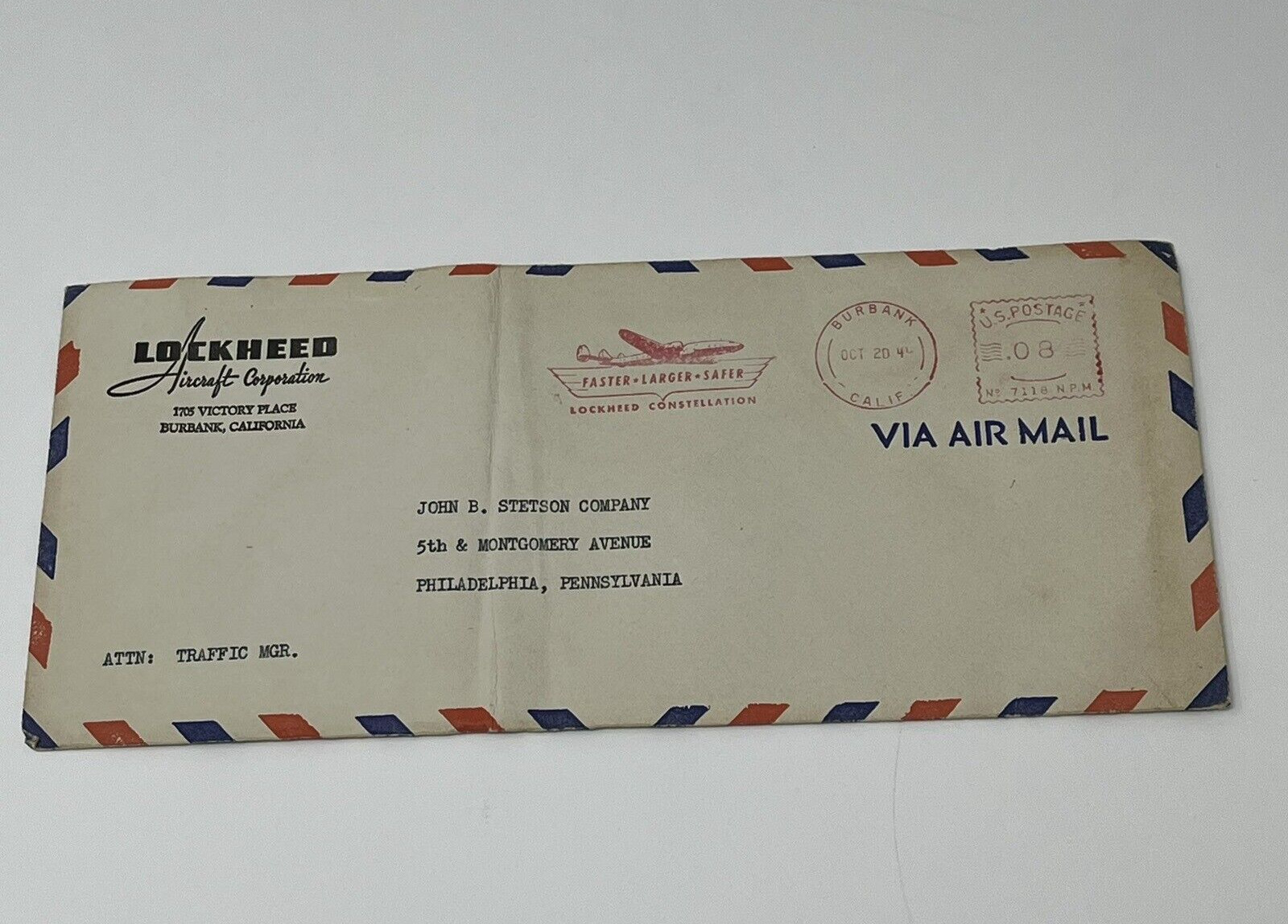 1944 Lockheed Aircraft Constellation Air Mail Envelope Cover John B Stetson Hats
