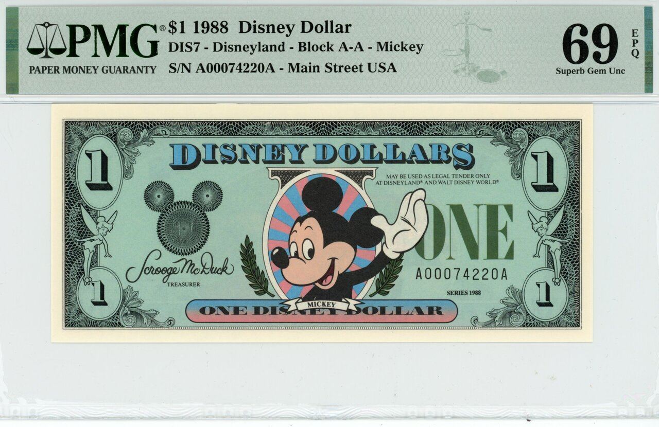 1988 $1 Disney Dollar Mickey PMG 69 EPQ TOP POP (DIS7)