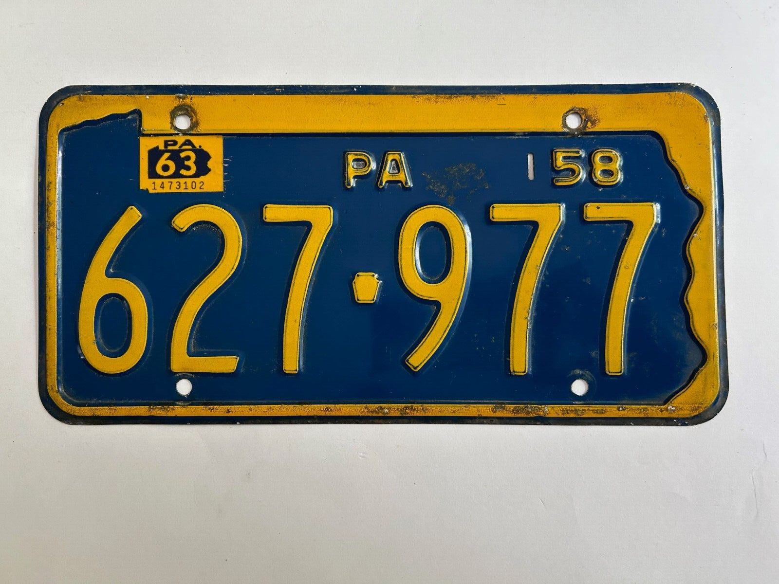1963 Pennsylvania License Plate Natural Sticker on Dated 1958 base