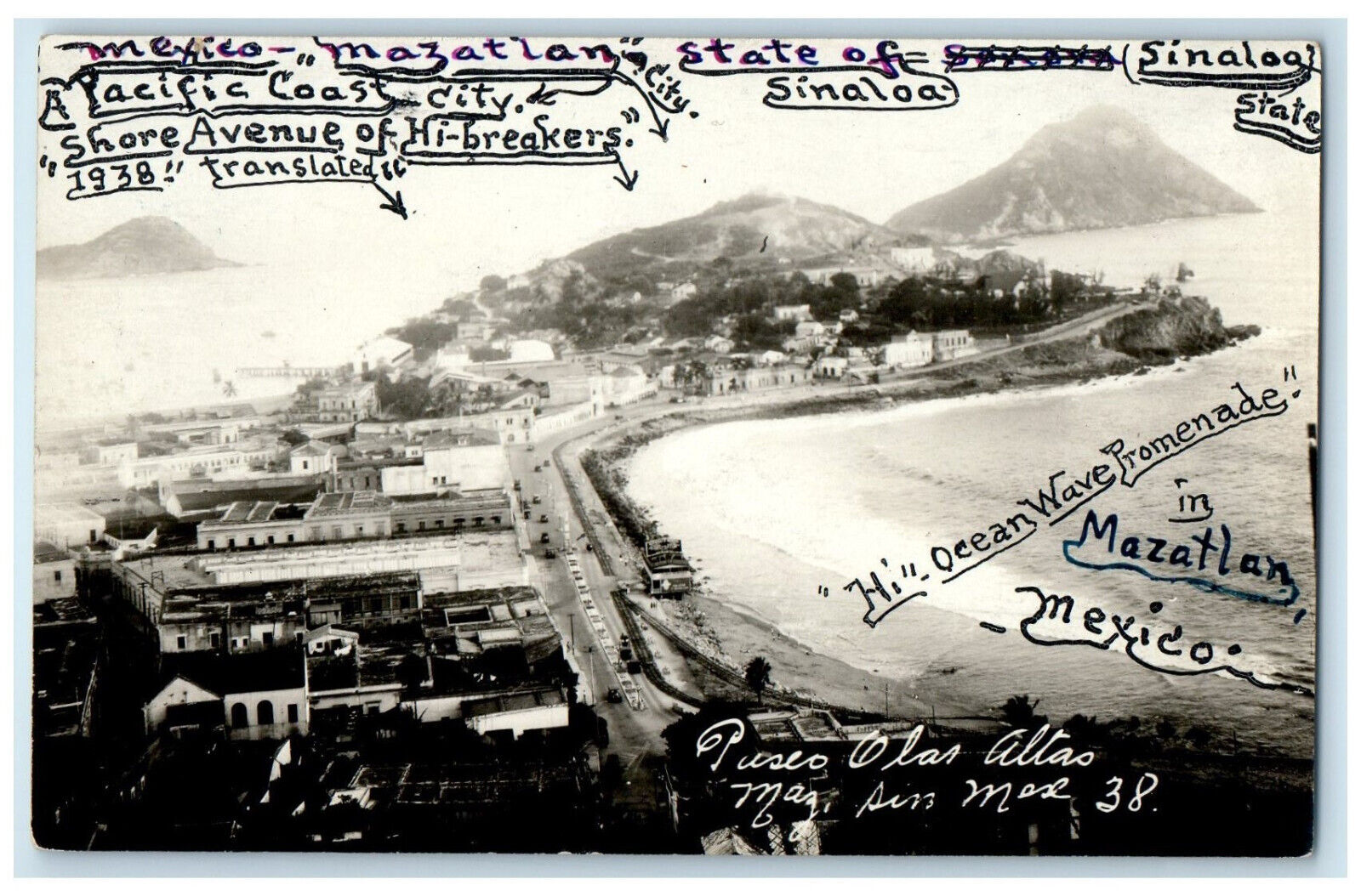 Mazatlan Sinaloa Mexico RPPC Photo Postcard Paseo Olas Atlas c1910 Antique