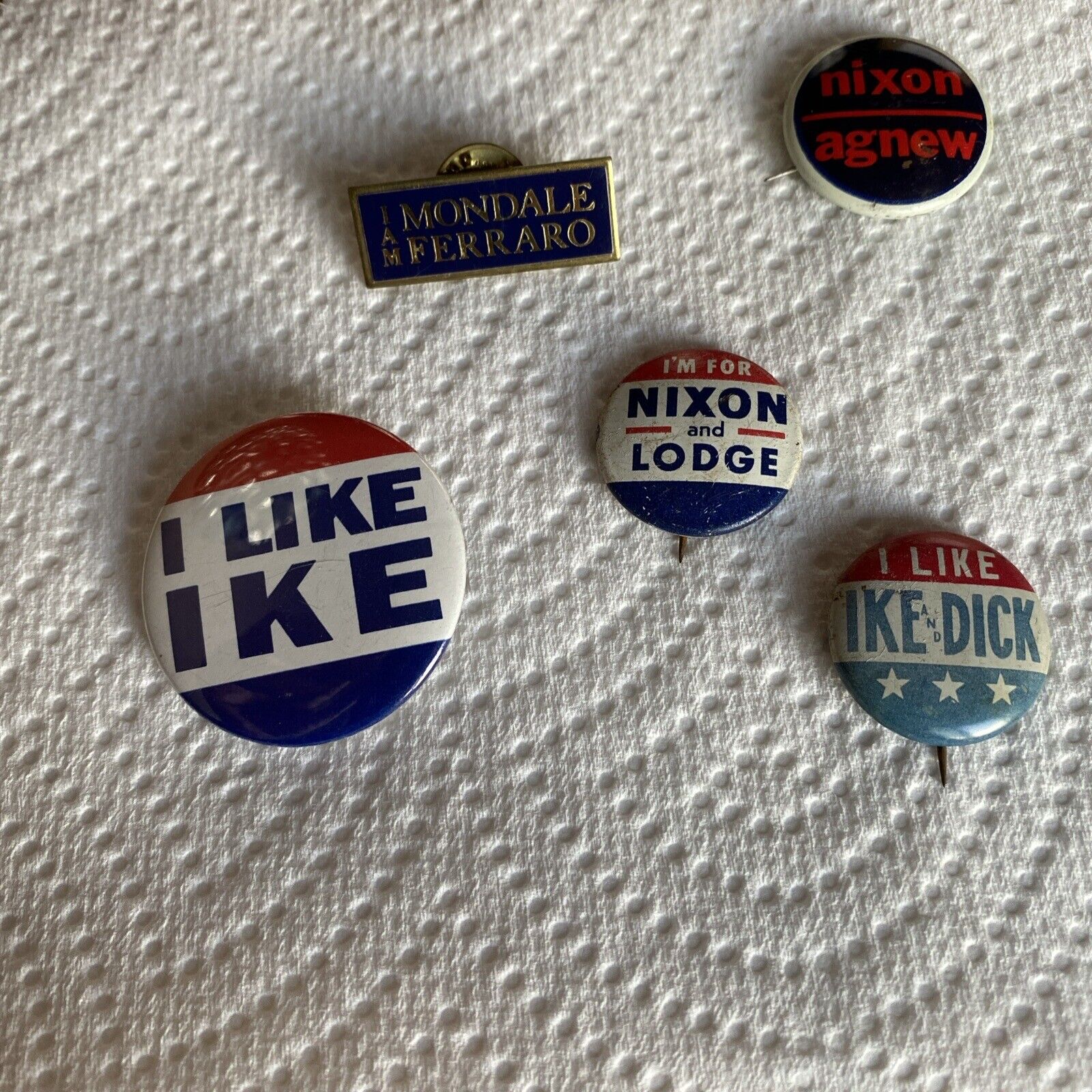 Lot Of 5 Vintage Political Pin/Buttons Nixon Agnew Lodge Ike Mondale Ferraro