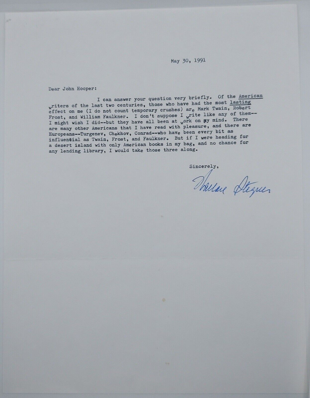 Wallace Stegner Typed Letter Signed