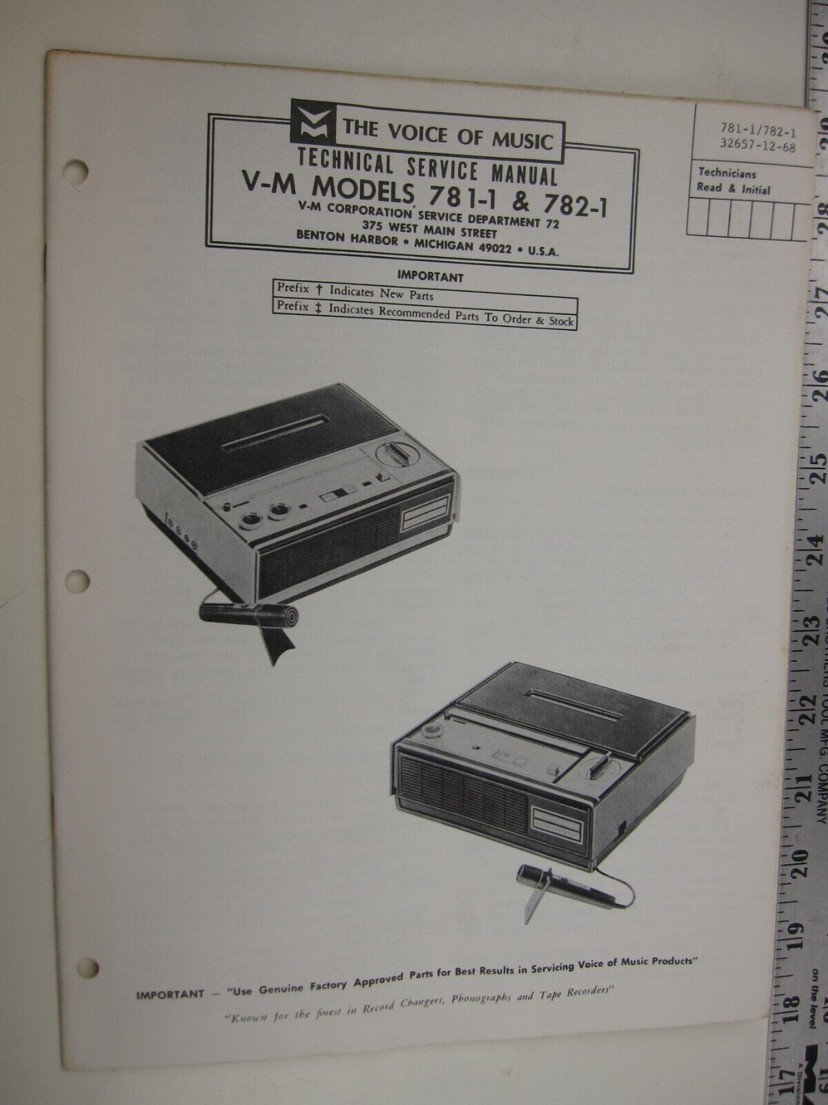 SF 60's V-M Voice of Music Technical Service Manual MODELS 781-1 & 782-1   BIS