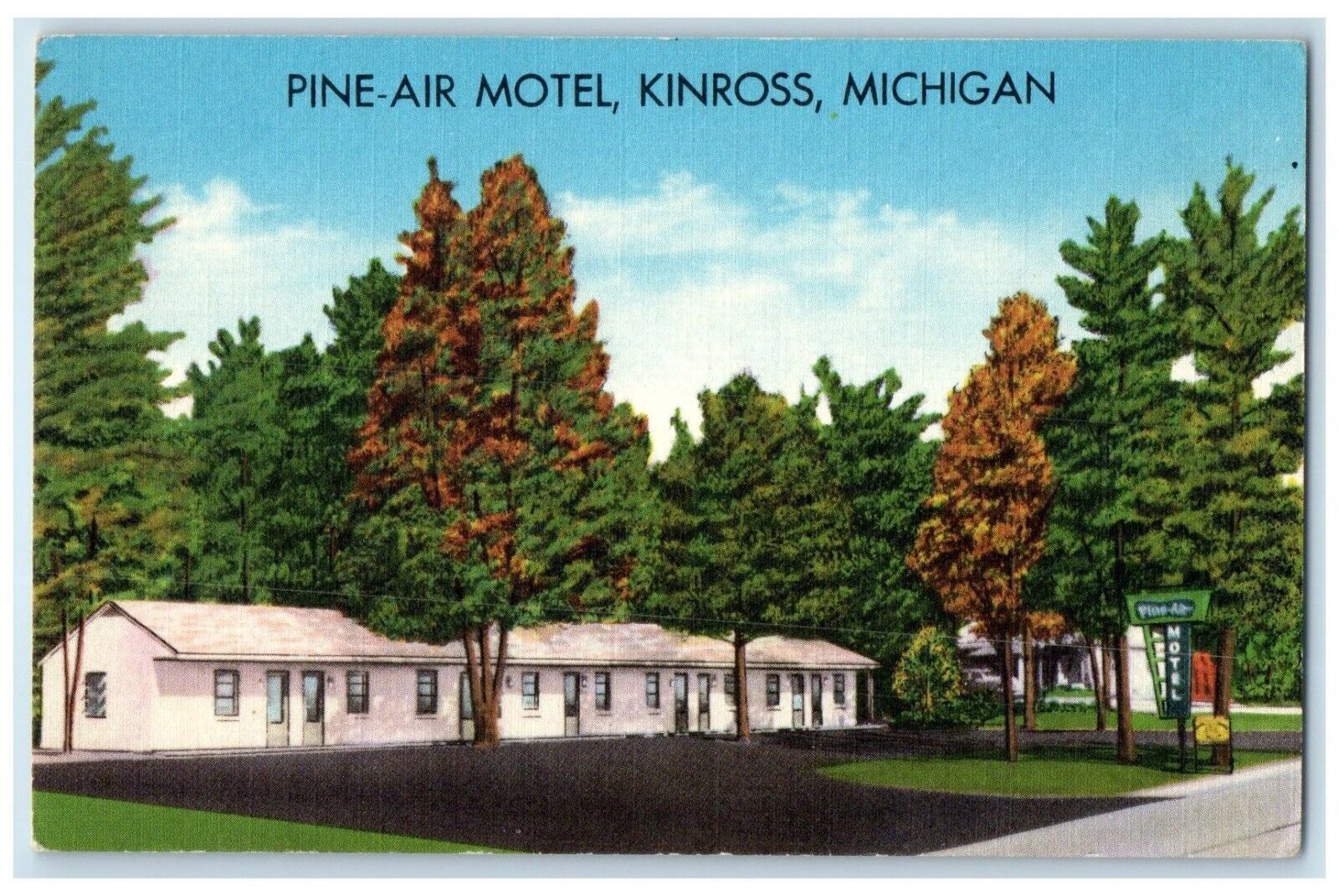 c1940 Exterior View Pine Air Motel Building Kinross Michigan MI Vintage Postcard