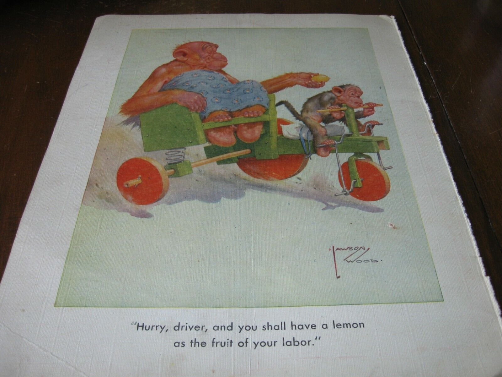 Original 1936 Art Print - LAWSON WOOD MONKEYS Monkey w RICKSHAW TAXI CAB Chimp