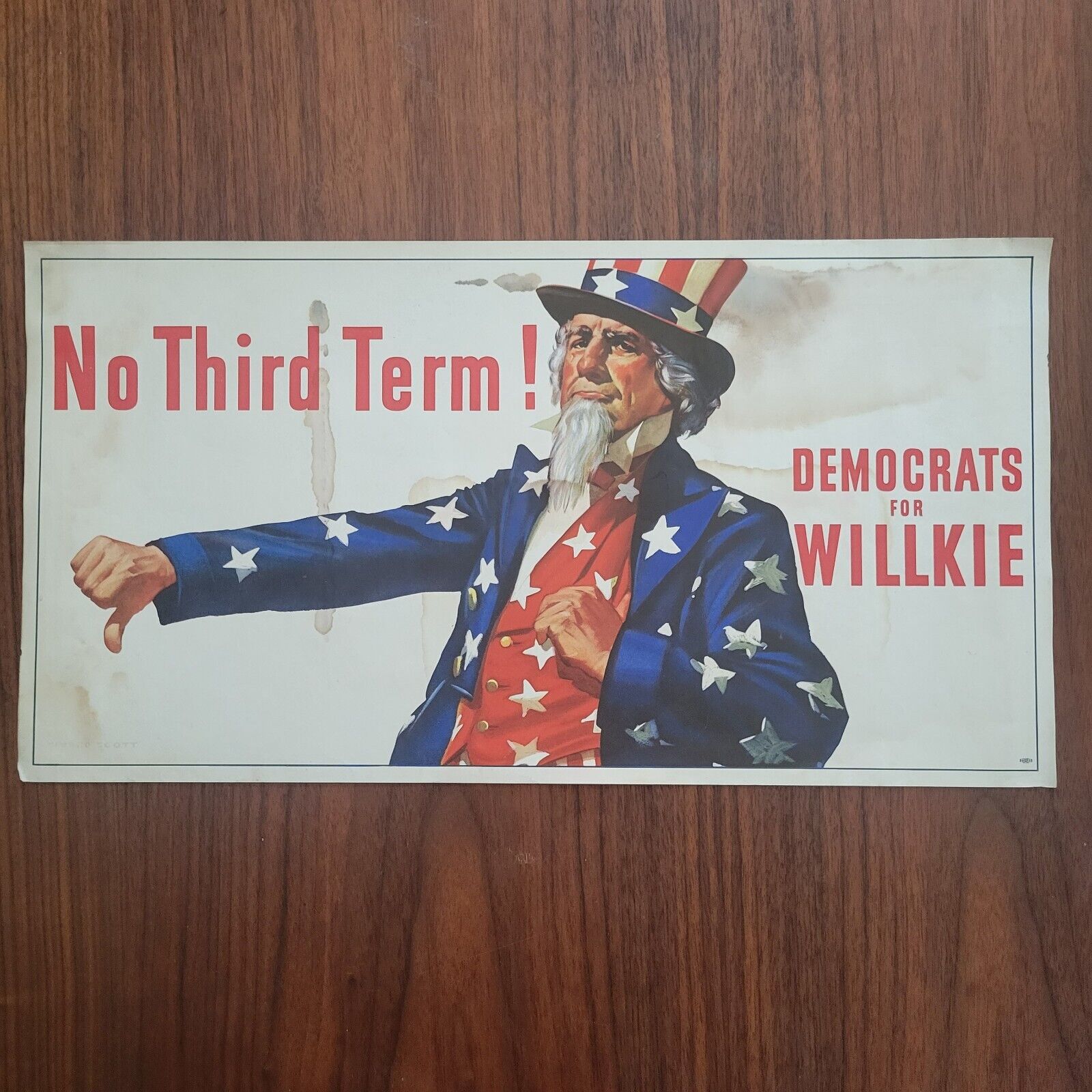 Vintage 1940 Democrats for Wendell Wilkie Poster Uncle Sam No 3rd Term 21\