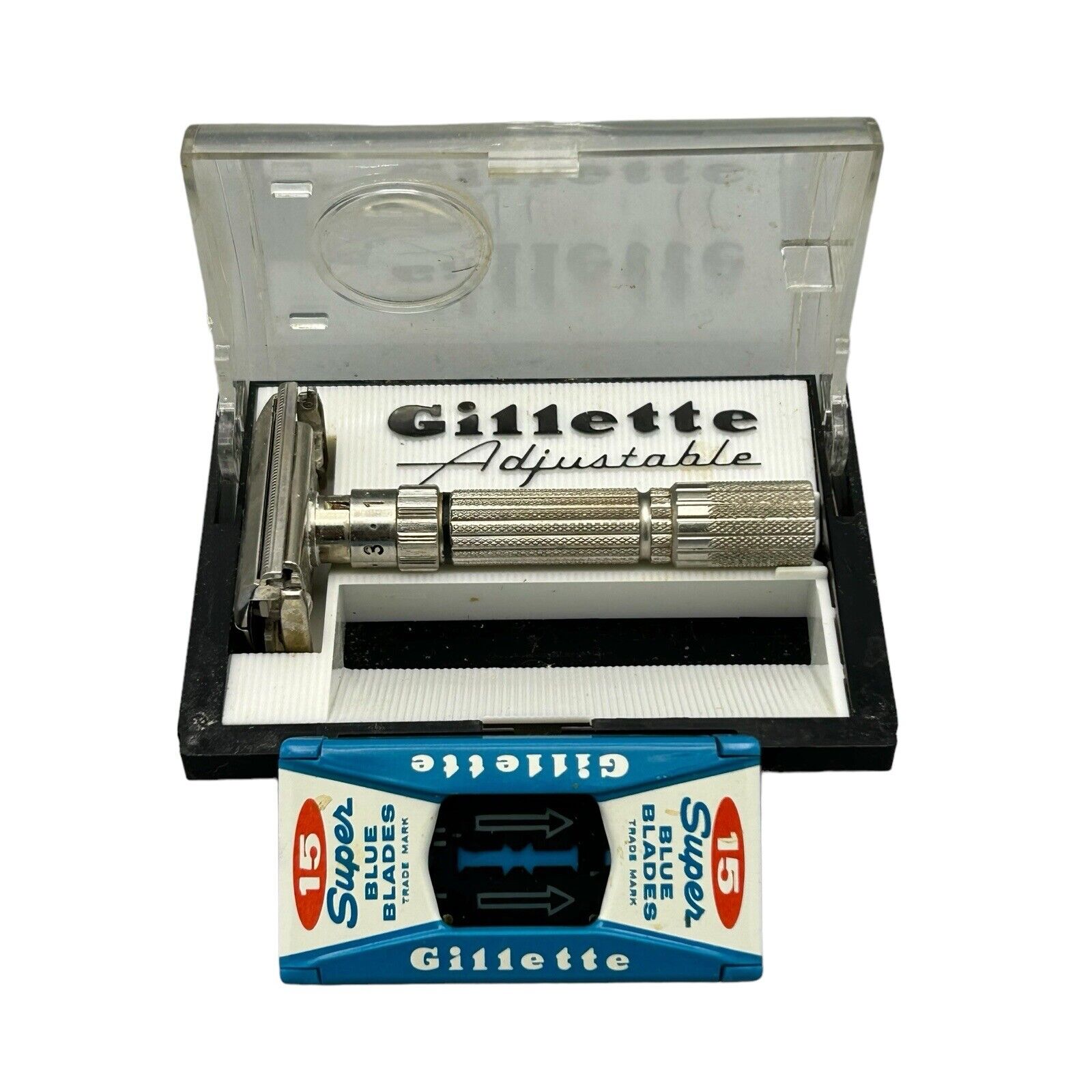 Vintage Gillette Fat Boy Adjustable Safety Razor E2 w/ Razors & Case Ships Quick