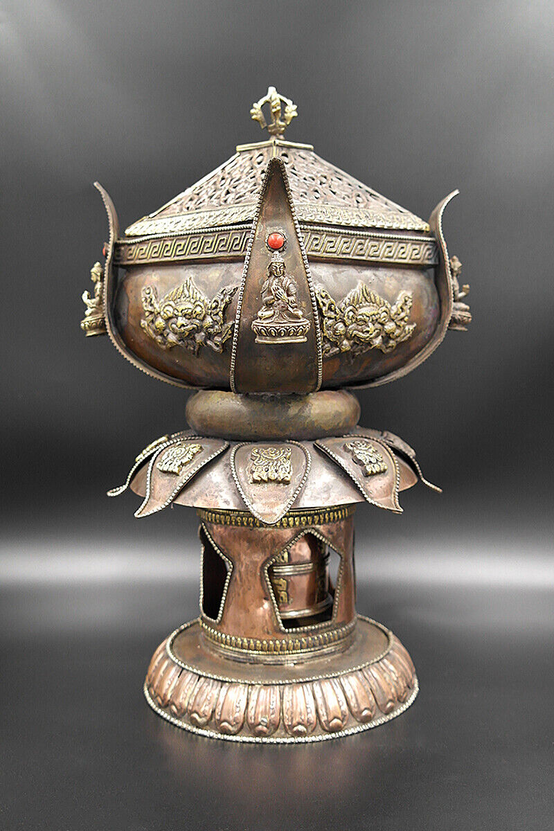 Lotus design with 8 Auspicious symbols copper incense burner cum prayer wheel