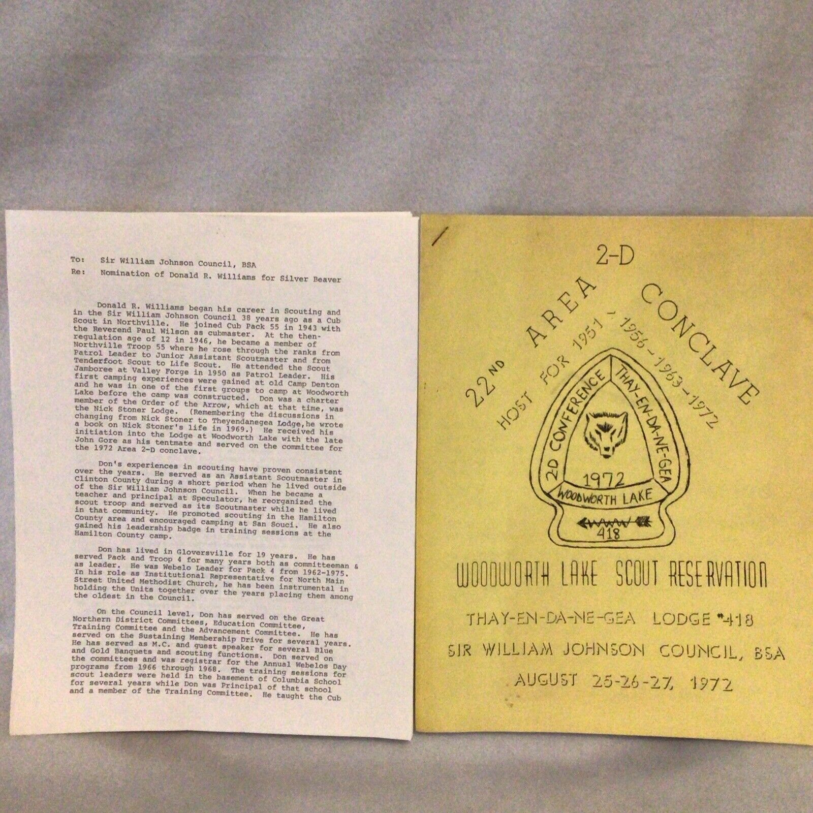 Vint 1970s BSA 22nd Area Conclave Theyendanegea Lodge & Silver Beaver Rec Letter