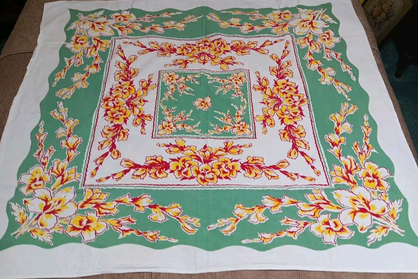 Vintage MCM 1950s Square Cotton Tablecloth Flowers Apx 52x48 Tea Table Colorful