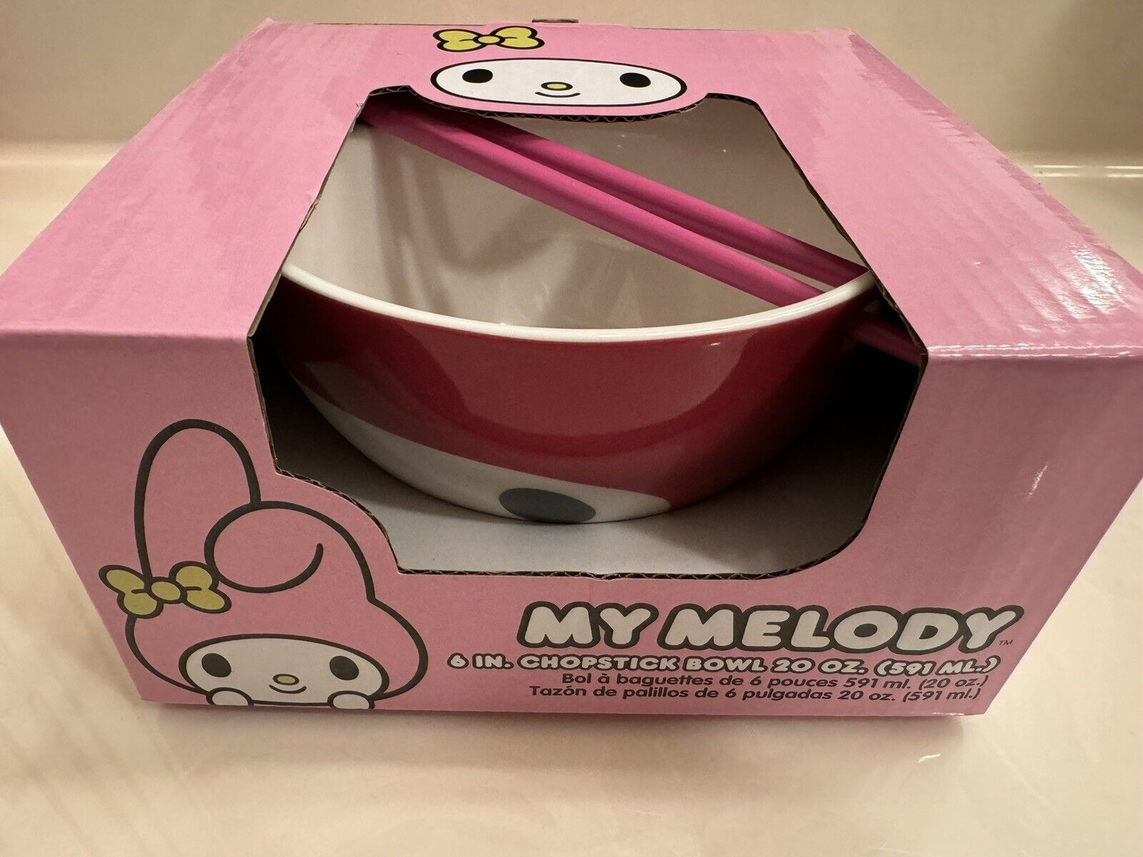 New Sanrio My Melody Face Pink Ramen Bowl Chopsticks Hello Kitty Kawaii Cute