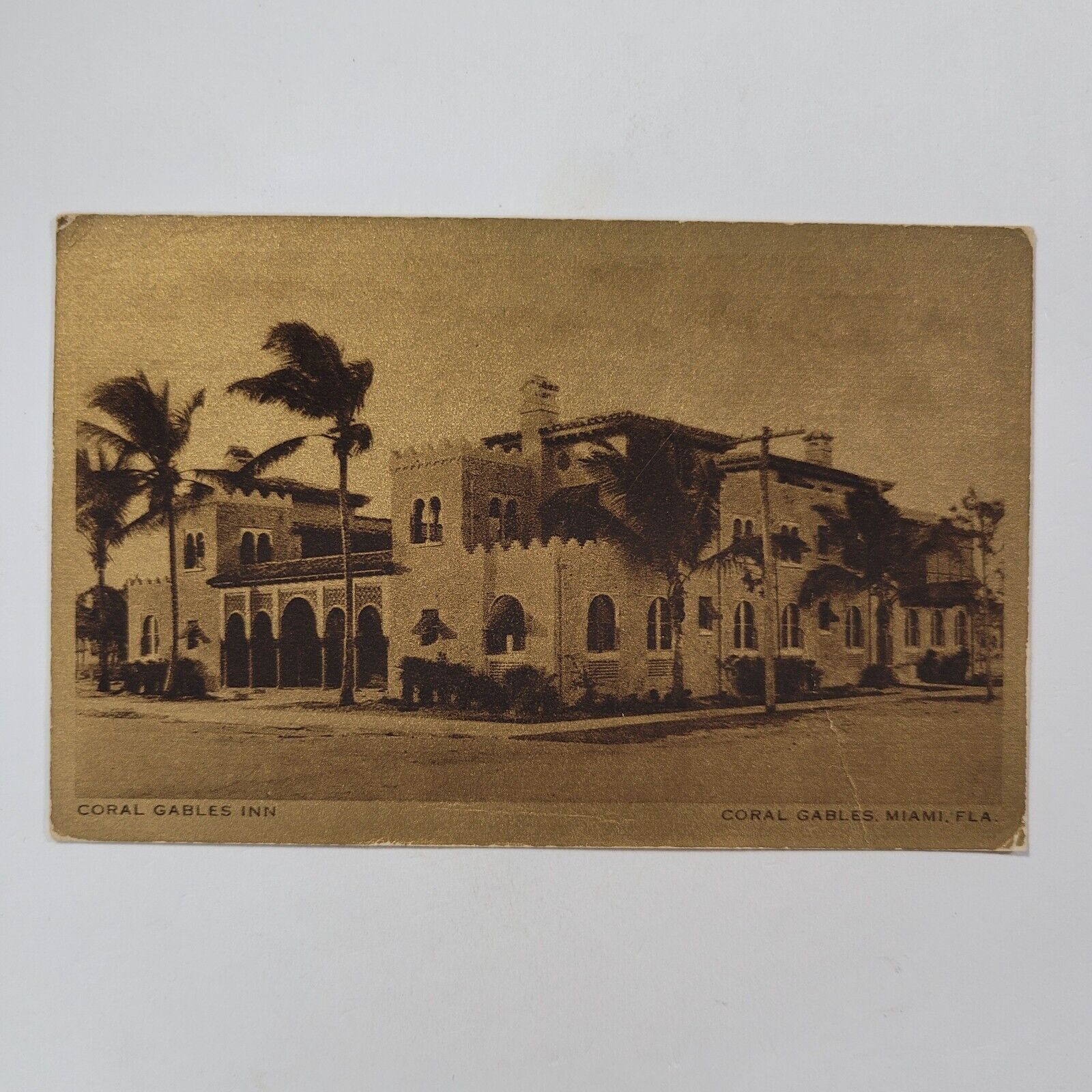 Coral Gables Inn Miami Florida FL Vintage Postcard Metallic Type Screen Street