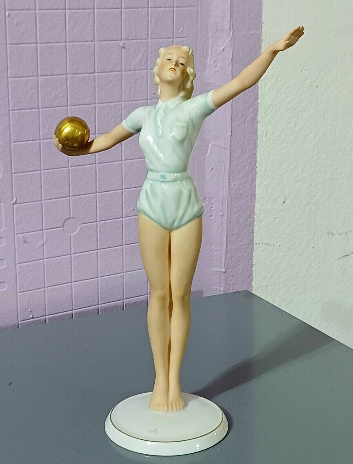 Antique German Art Deco Schaubach Kunts Porcelain Figurine, Golden Ball, 9.5