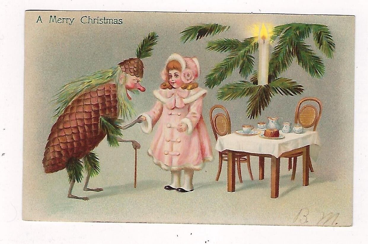 1907 Fantasy Chistmas Postcard Man Pine Cone With Girl Having A Tea Party Posted