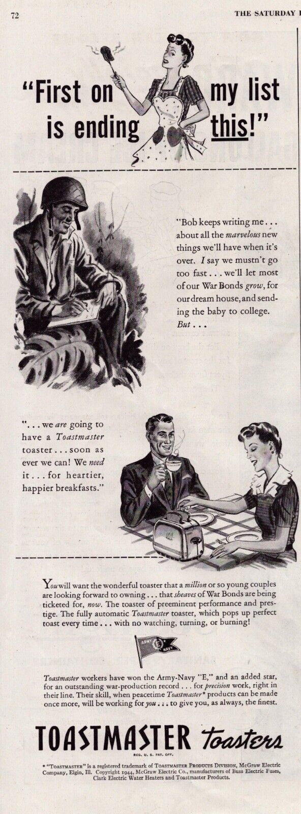 1944 Toastmaster Toaster WWII Print Ad Soldier Writing Wife Home