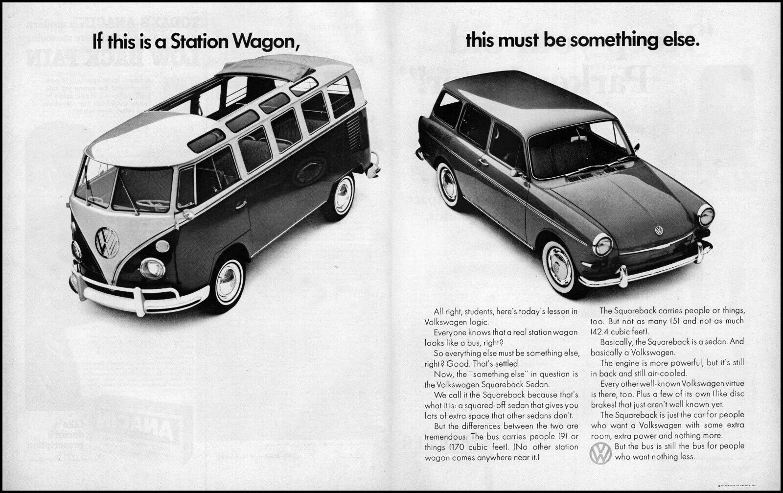 1965 Volkswagen Bus Station Wagon VW Squareback Sedan retro photo print ad LA41