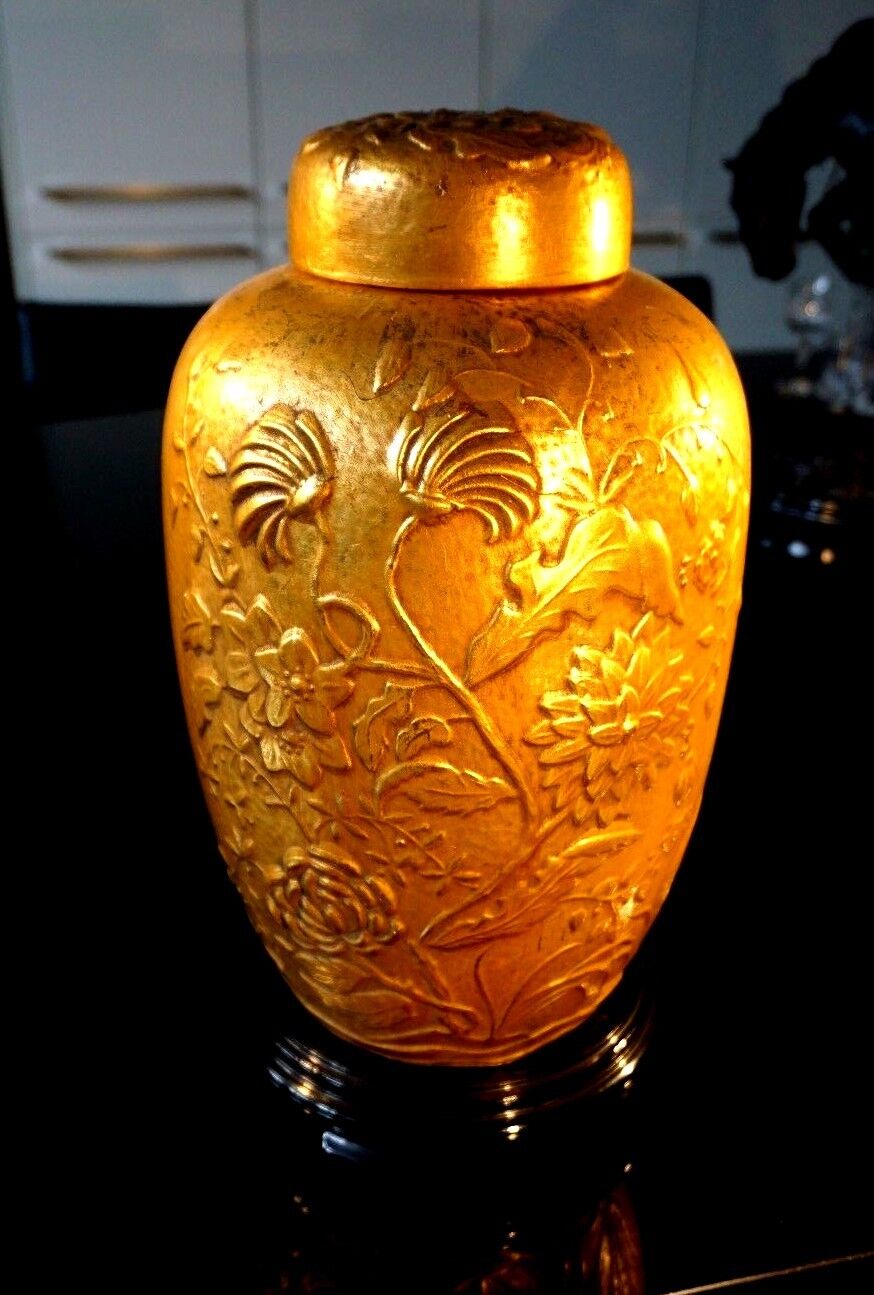 Beautiful Large Retro Gold Ginger Jar On Stand 