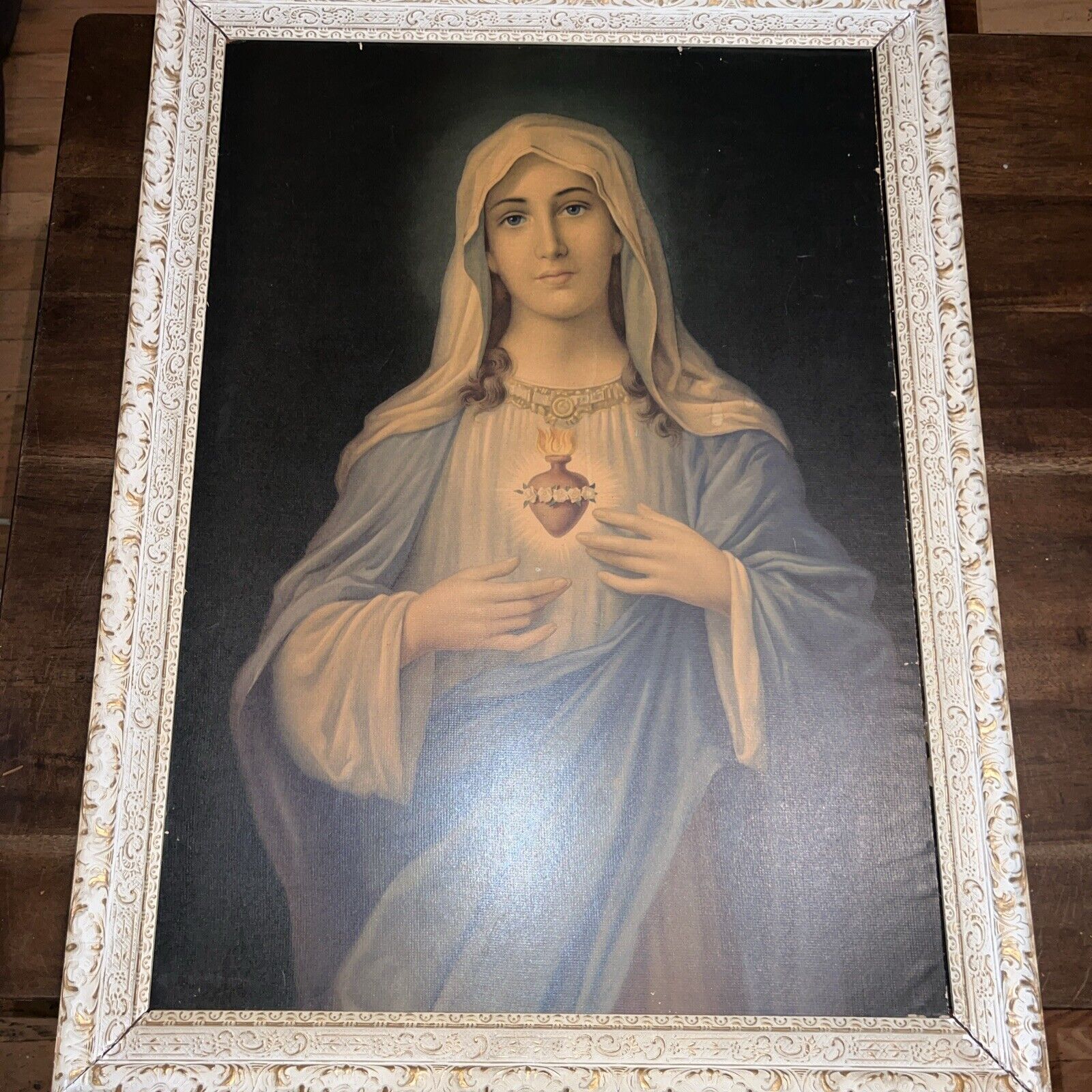 Vintage Sacred Heart Virgin Mary Framed Print Frame- 31” X 23 1/2”