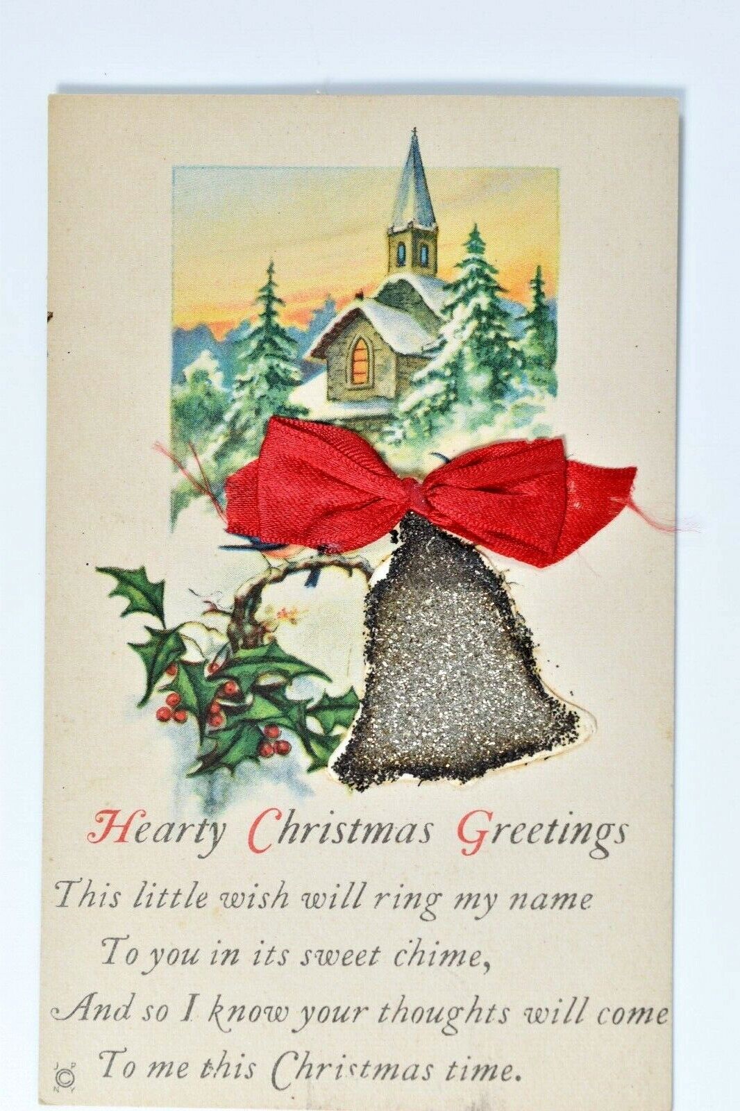 C. 1910 Hearty Christmas Greeting Poem Church Real Bow Glitter Bell Be Postcard