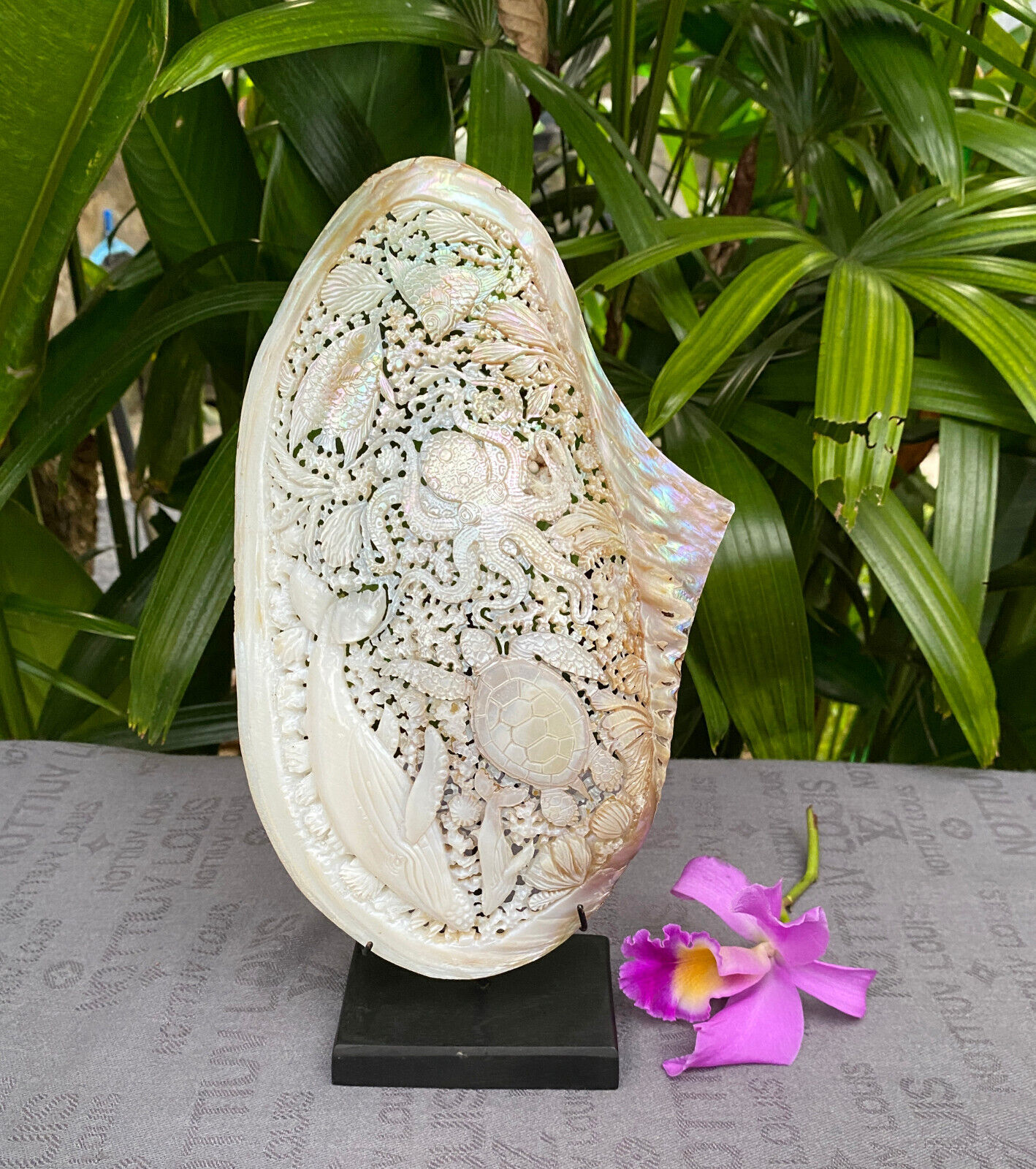 Ocean Life Carved Seashell,  stunning Mother of pearl,  carved Shell incl. Stand