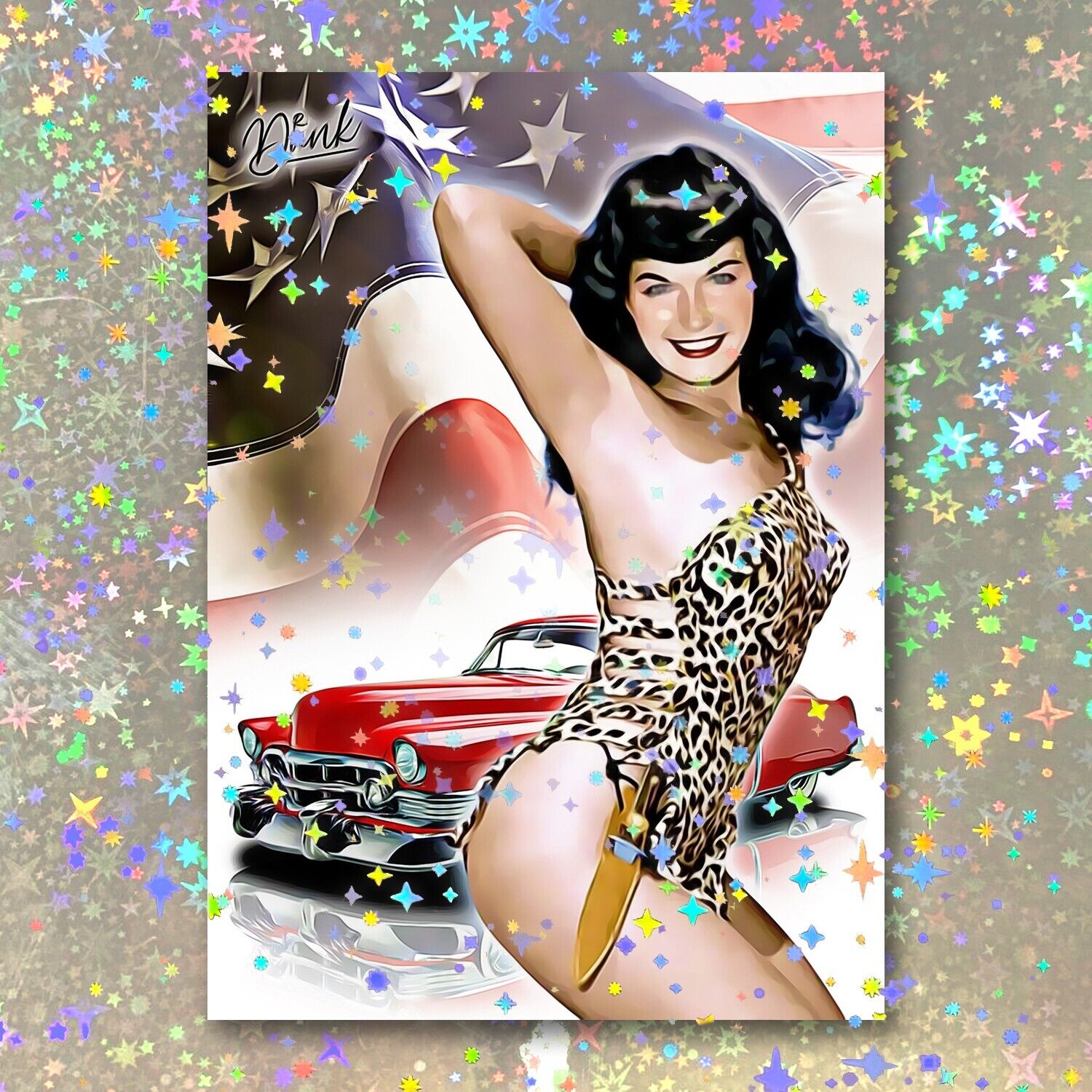 Bettie Page Holographic Pin-Up Patriot Sketch Card Limited 1/5 Dr. Dunk Signed