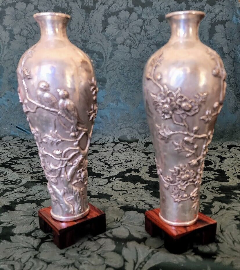 Antique Tibetan Silver washed 3-D Flower Vase Pair Display Well w-Stands