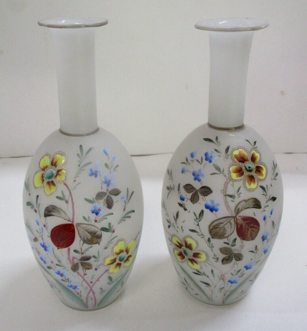 Pair of Antique Handblown Opaline White Glass Floral Painted Vases