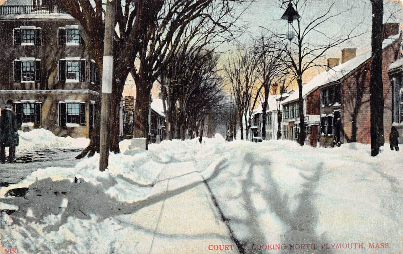 Plymouth MA Massachusetts Court Main Street Winter Snow Storm Vtg Postcard A44