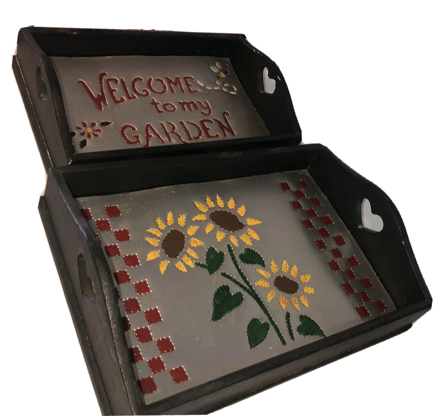 Adorable Vintage  Wood And 10 Trays With Hearts Sunflowers Welcome Garden Fun