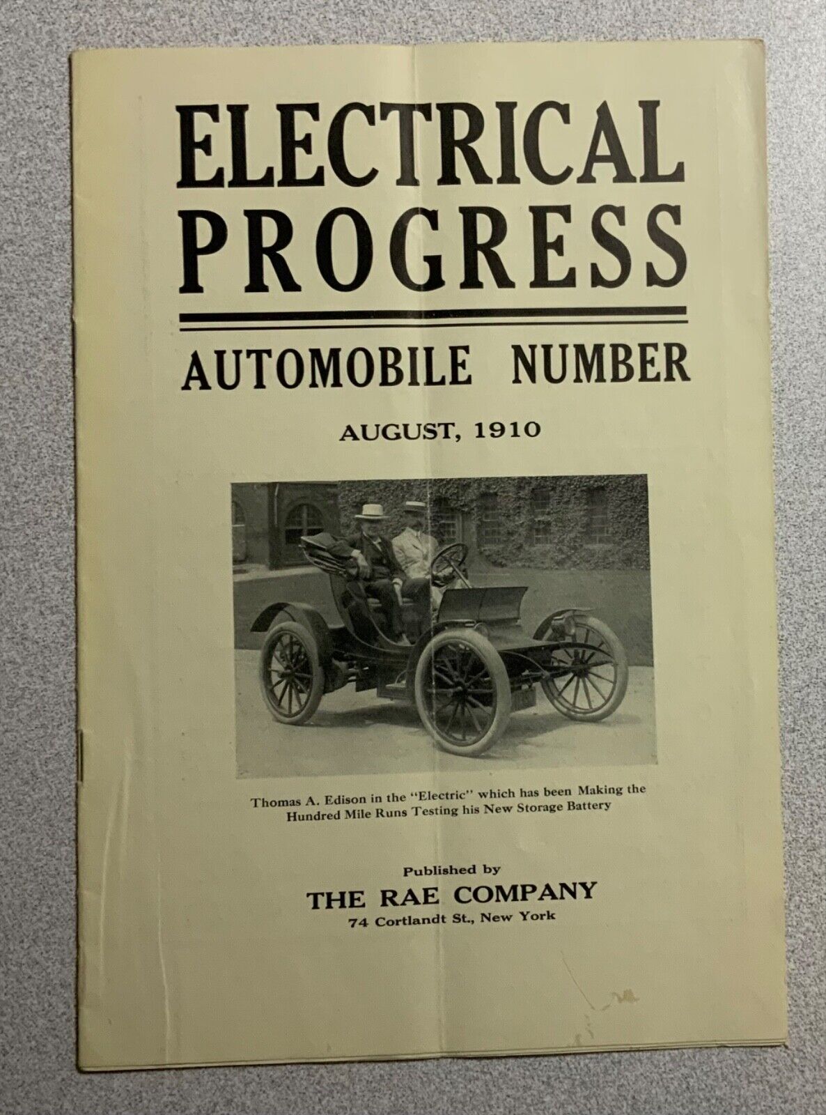 Vintage EV 1910 Electrical Progress Publication - Edison Electric Car 100 Miles