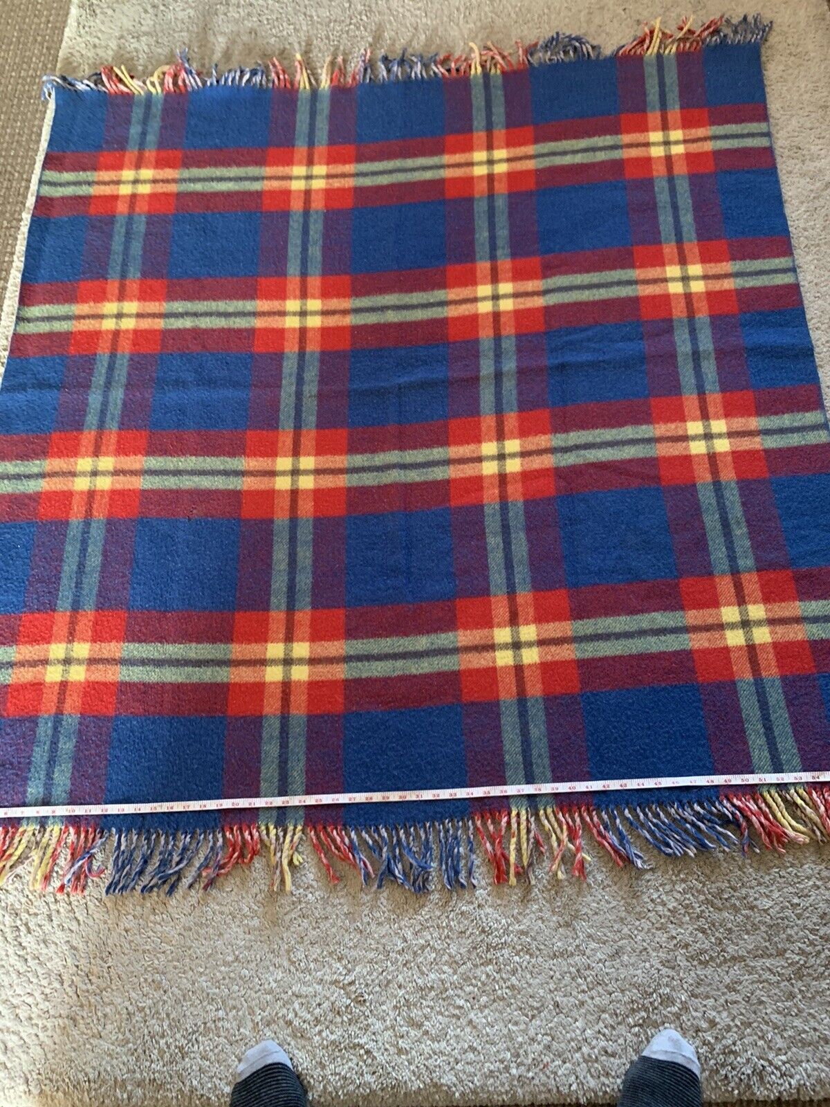 Derw Welsh Wool Single Blanket Vintage Handmade 62” X 60” Tartan Check Fringed