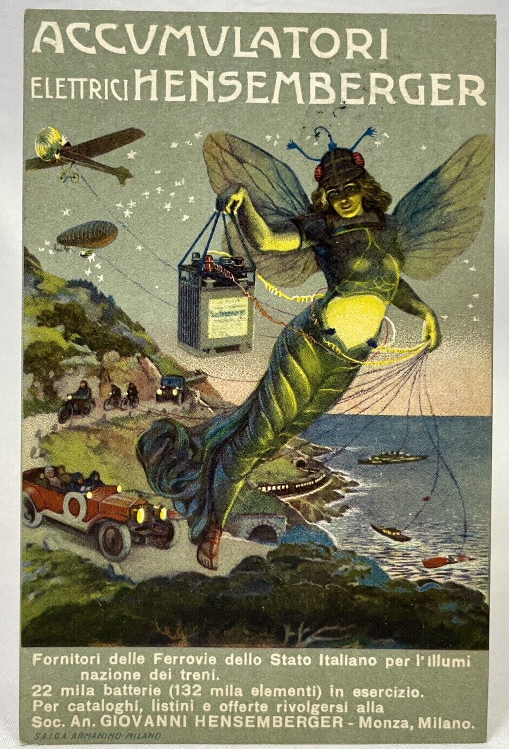 Italian Battery Advert Litho Postcard | Electric Nouveau Fairy | Hensemberger