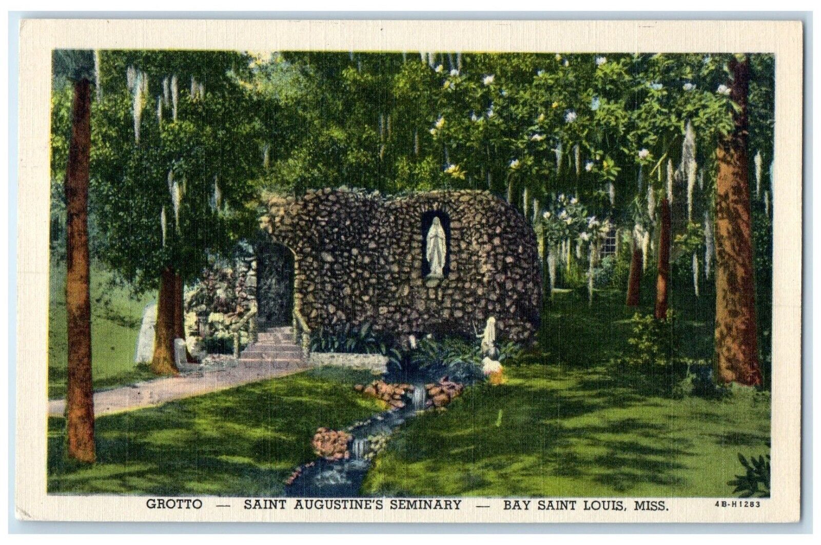 c1940 Grotto Saint Augustine Seminary Bay Saint Louis Mississippi Linen Postcard