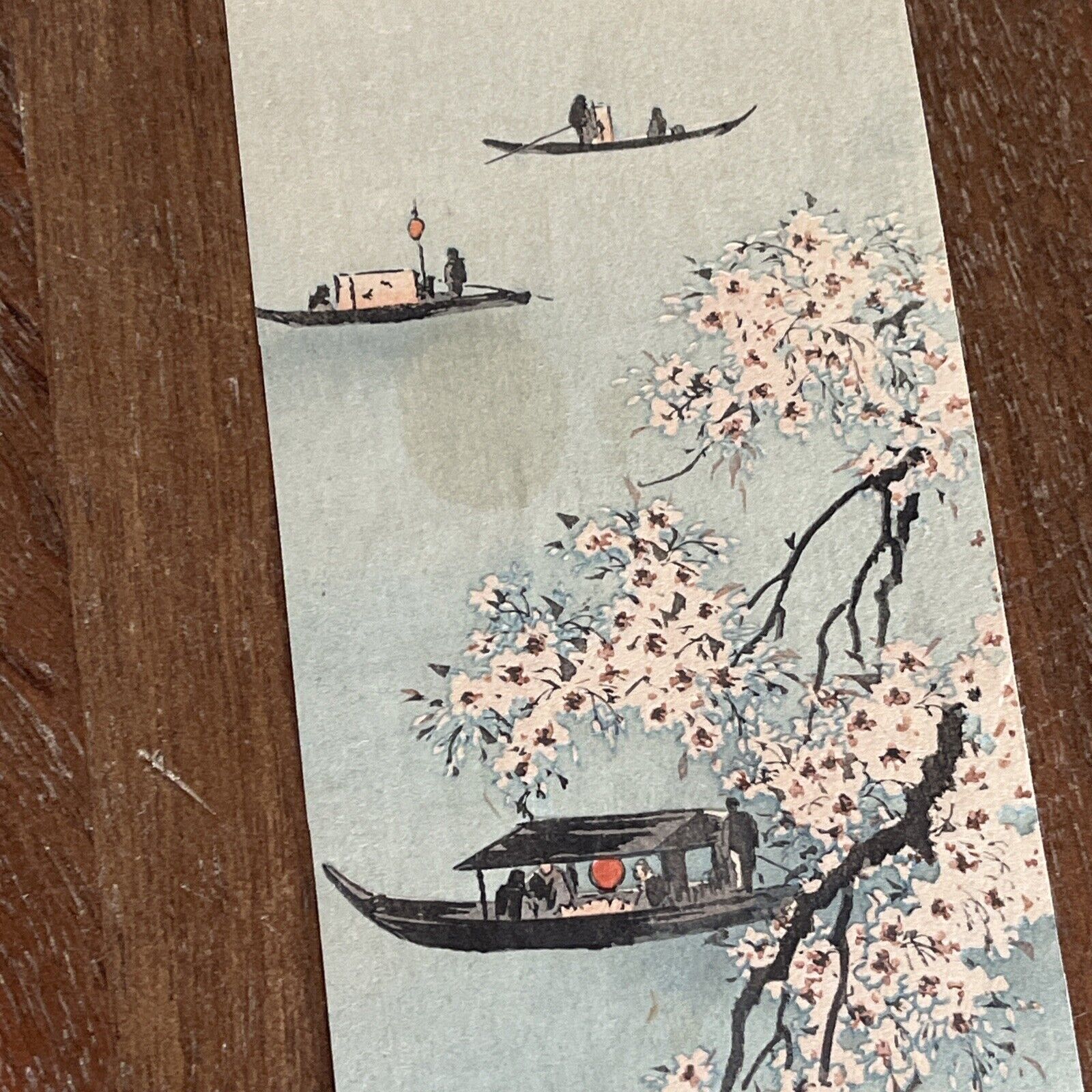 Shoda Koho Japanese Woodblock Tanzaku Print Boats Under Cherry Blossoms